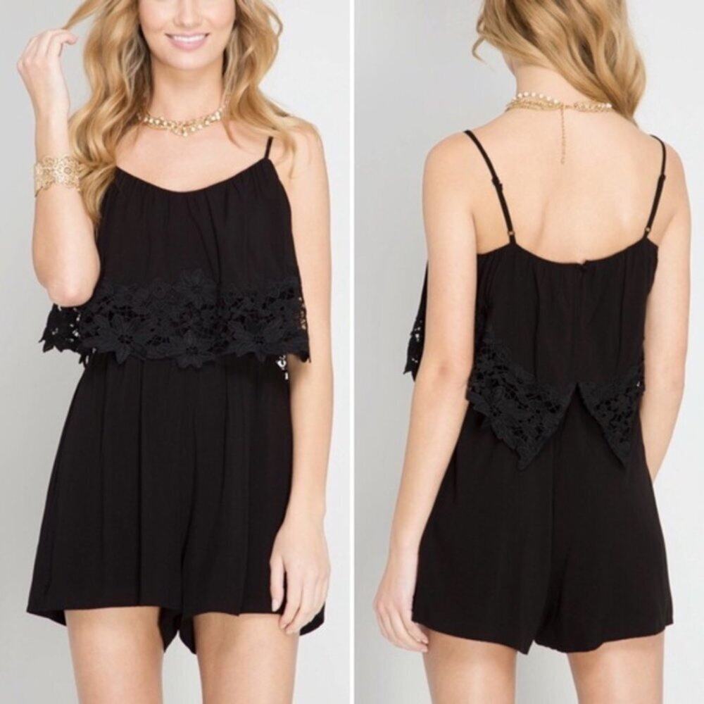 ♥ 697 ♥ (S) Spaghetti Strap Layered Romper with Crochet Lace and Lining